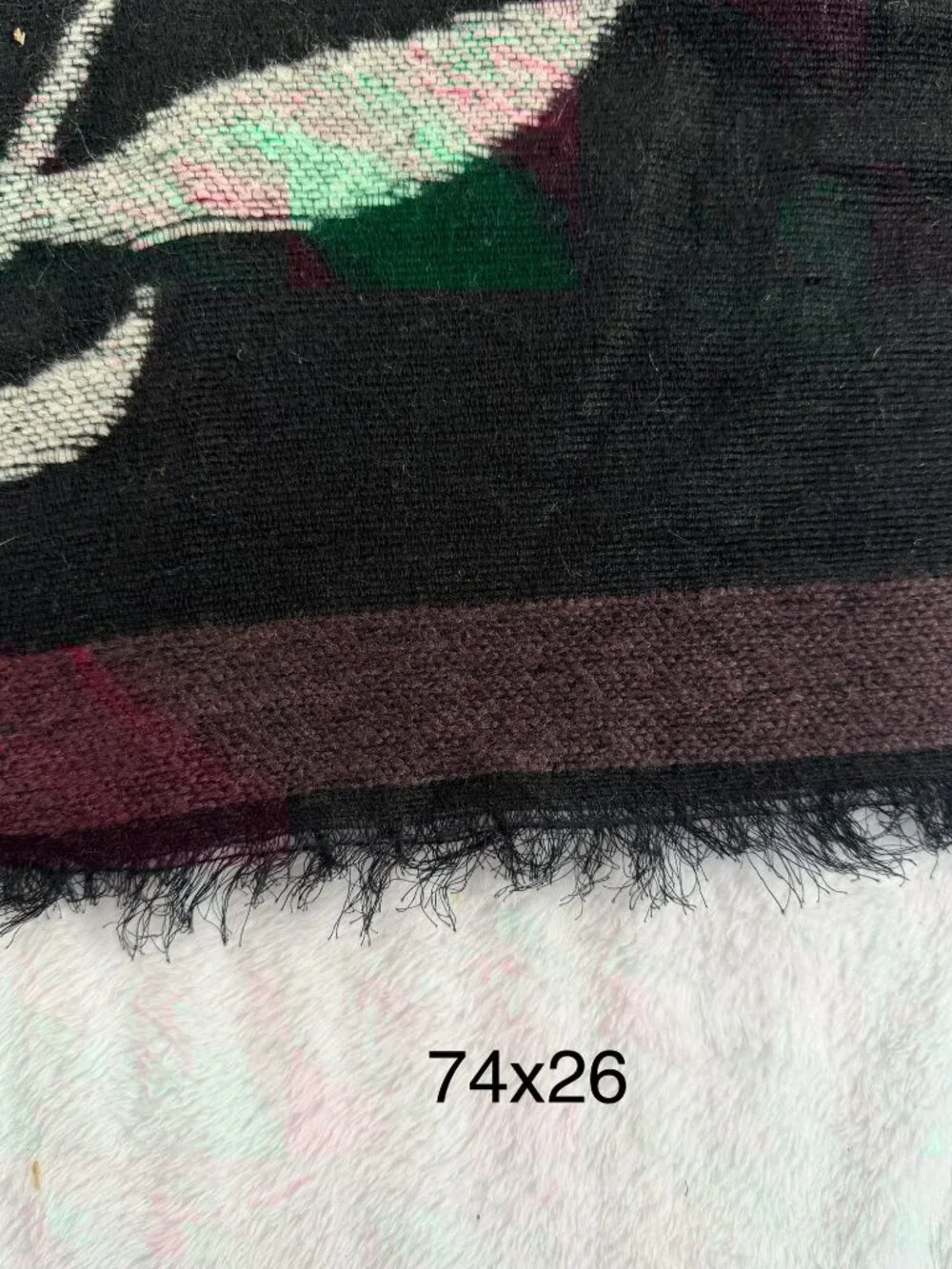 Lucky Brand Black White Botanical Leaf Scarf Metallic Fringe Wrap 74x26 Boho